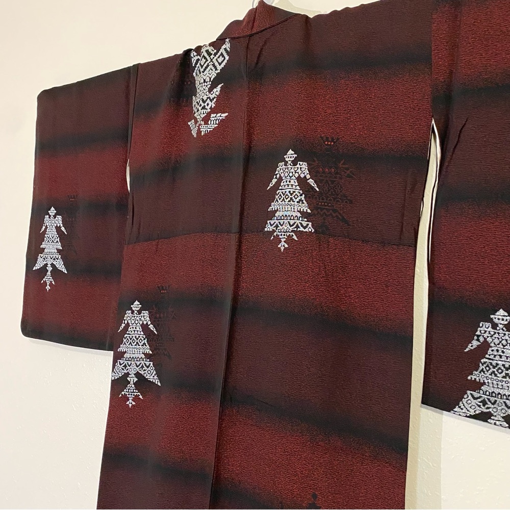 Vintage Japanese Silk Kimono with Silver Abstract Design